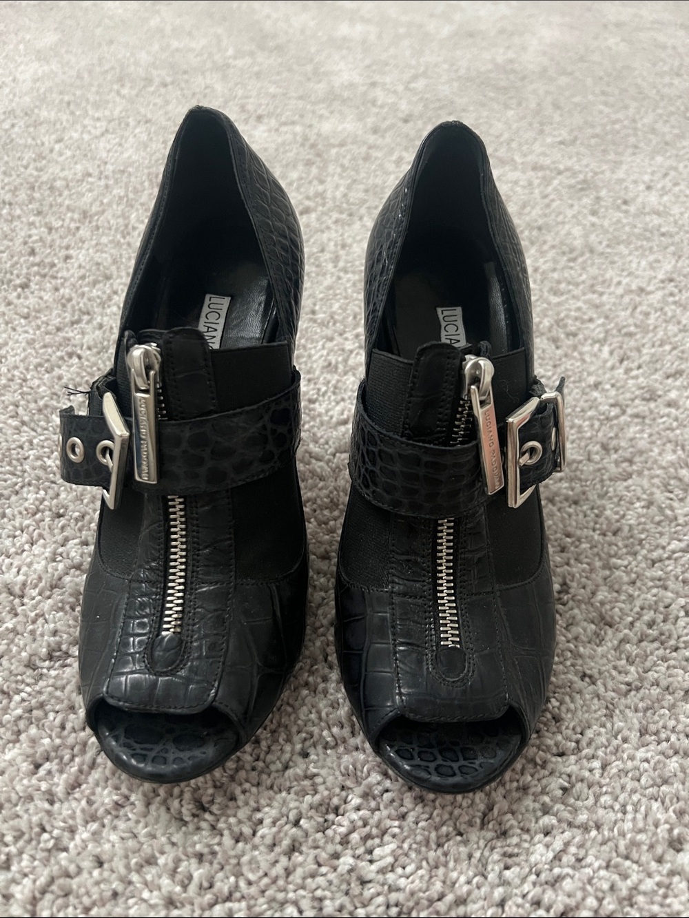 Luciano Padovan Black Croc-Embossed Peep-Toe Heels with Zipper and Buckle